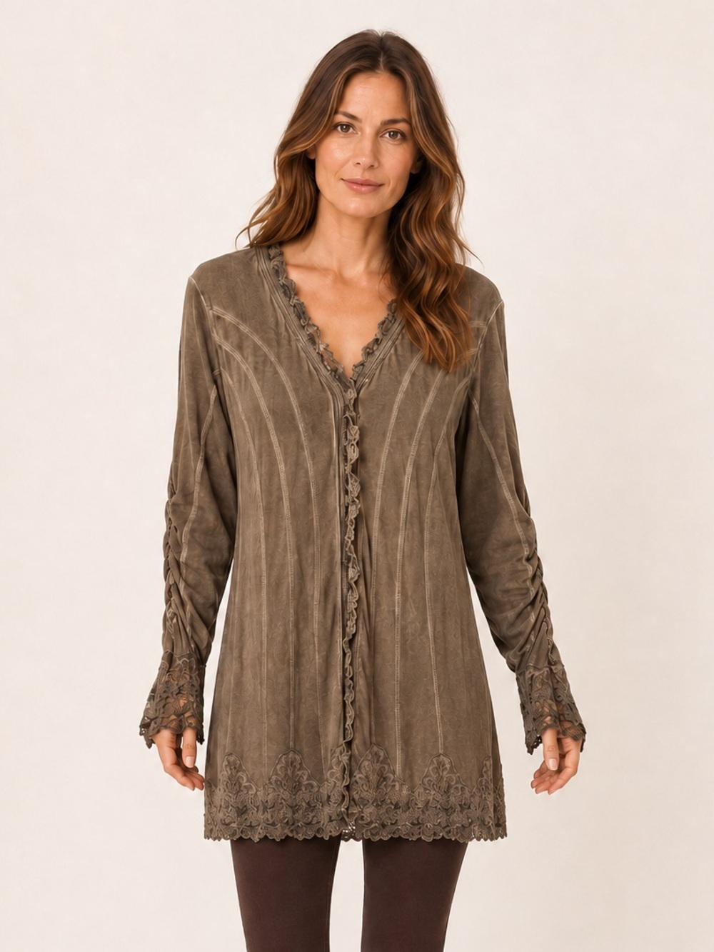 Gretty Zueger Lace Mineral Wash Long Sleeve Tunic Top Brown Size Medium